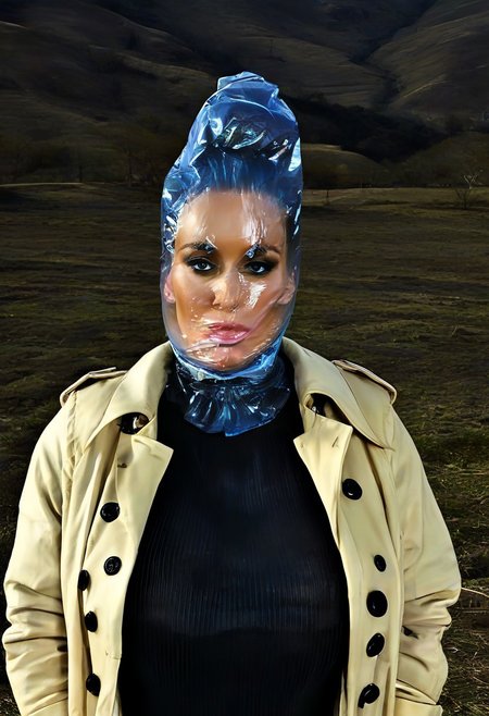 (Sexy busty) woman with (gigantic breasts)+++ and (high updo)+++ (top tank dress)+++ (trenchcoat)+++ (plastic bag)+++ (bag over head)+++ (in a hill)+++