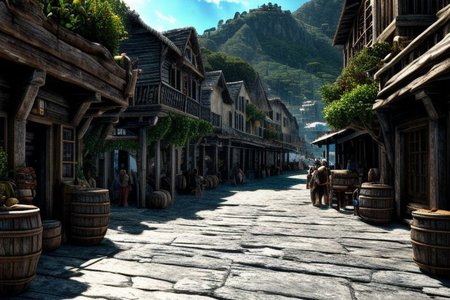 (masterpiece:1.2), (best quality,:1.2), 8k, HDR, ultra detailed, ((photorealistic)), perfect anatomy, professional light, cinematic lighting, fashion photography, ambient lighting, pire, ships, pier, outside a tavern over looking a busy harbor in the caribbean, noon