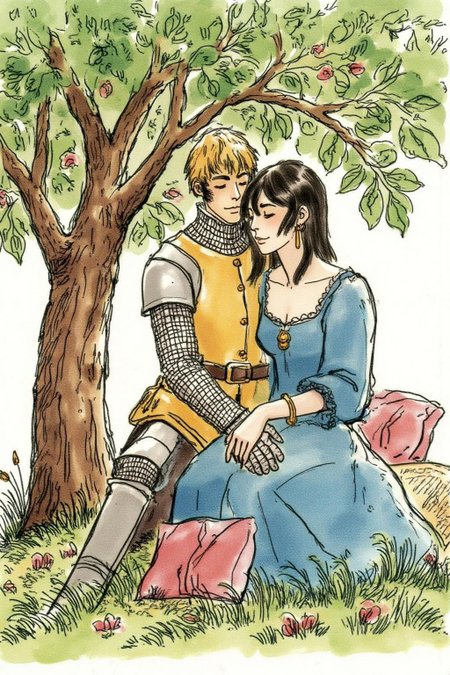 hugop1 illustration. A blonde knight and a lady sitting under a tree. The lady has dark hair and is wearing a blue dress. The knight is sleeping with his head on the leg of the lady  <lora:hugop1_cap_d6a3e12:0.9><lora:824408797972817614:0>