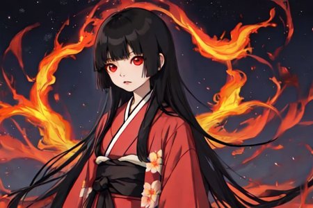enma_ai, girl1, bangs, black hair, long hair, kimono sakura, fire hell, night