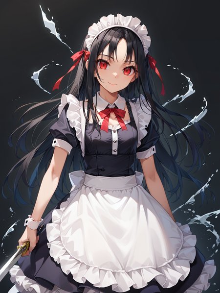 1girl, 
cowboy shot, solo, black dress, maid headdress, looking at viewer, smile, bow, long hair, ribbon-trimmed collar, holding sword, ribbon-trimmed hairband, red eyes, sword, standing, holding weapon, shirt, frilled sleeves, weapon, short sleeves, ribbon trim, holding, dress, white bow, very long hair, frilled apron, black hair, white shirt, floating hair, apron, red bow, puffy short sleeves, puffy sleeves, neck ribbon, frills, maid, closed mouth, collared shirt,
she is wearing a black and white dress with a red ribbon tied around her waist. the dress has a high neckline and short sleeves. the girl is holding a sword in her right hand and is standing in front of a dark background with splashes of red and orange. the overall mood of the image is dramatic and mysterious.
score_9, score_8_up, score_7_up, source_anime
 <lora:style022-1:0.7>