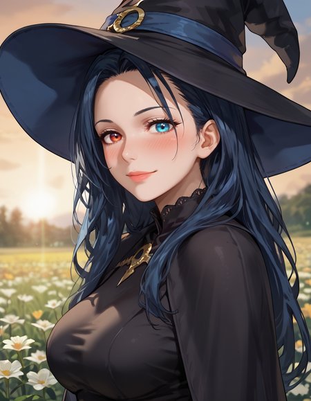 16k, 8k, 4k, wide, wide shot, wide angle, 
score_9, score_8_up, score_7_up, flat anime,  rating_safe, rating_questionable,
best quality, masterpiece, ultra detailed,
28 years old, 180 cm height, mature, 
<lora:Expressive_H:1>, nose, lips, closed mouth, light smile, (blush:1.3), 
looking at viewer, portrait, close, dynamic pose, from side, upperbody,
<lora:Everlasting_Summer_Viola:0.7>, viola, very long hair, heterochromia eyes, left eye red, blue eye blue, blue eyes, heterochromia, red eyes, black hair, blue hair, medium breasts, milf woman solo,
witch, black outfit, witch hat, 
amazing background, colorful background, blurry background, bokeh, evening, sunset, field of flowers,