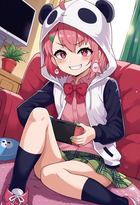 source_anime, rating_safe, BREAK <lora:sakuSasaki_XL-Pony_LoRA-C3Lier_16-16-8-8_AdamW_Un3e-4_Te1.5e-4_10batch:1>, sasaki saku, 1girl, virtual youtuber, pink hair, multicolored hair, short hair, ahoge, pink eyes, green nails, mole under eye, hairclip, earrings, animal hood, panda hood, hood up, two-tone jacket, white jacket, black sleeves, long sleeves, collared shirt, pink shirt, red bowtie, plaid skirt, green skirt, sitting, grin, nintendo switch, playing games, looking at viewer, facing viewer, dutch angle, light particles, carpet, cushion, television, potted plant, window, window shade, curtains, blue sky, cloud, sunlight