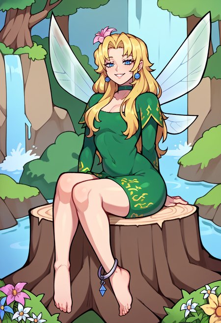 score_9, score_8_up, score_7_up, source_anime, BREAK solo, 1girl,  <lora:Titania-pdxl_Fp:1>, titaniasmt, blue eyes, blonde hair, long hair, hair flower, fairy wings, green dress, choker, smile, sitting, waterfall, tree stump, anklet, looking at viewer,