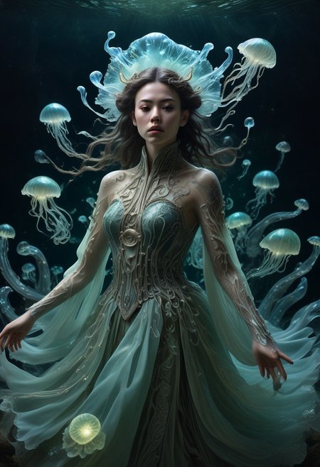 long mid shot portrait photography of an ethereal warrior, (glowing runes: 1.1), fairytale aesthetic. light green sheme, Photorealistic, intricate details, realism, sfw, ultrasharp,photography, floating, dress, water, under water, jellyfish, haute couture, tentacles, bioluminescence
