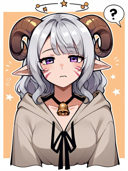 <lora:seeing_stars:1> @ @,  seeing_stars:1.5, sitting, confused:1.3, half-closed eyes, source_anime, source_furry, score_7_up, rating_safe, portrait, gold necklace, tiefing, short pointed ears, brown horns, (a pair of brown sheep Horns that begin at her temples and curve back: 1.5), bangs, long silver hair long wavy hair, pale skin, <lora:whisker_markings:0.8> whisker_markings pointy ears, purple eyes, <lora:age_slider_v4:0.6>   medium breasts, skinny female, silver hair, <lora:Tieflingnew weird fantasyDND:0.3> Tiefling, pointed ears, horns,  <lora:Smooth Style 2 SDXL_LoRA_Pony Diffusion V6 XL:0.5>  bell, robe, hood off, <lora:Nanoless_Artist_Style_PonyXL:0.3> focus on head, >:,