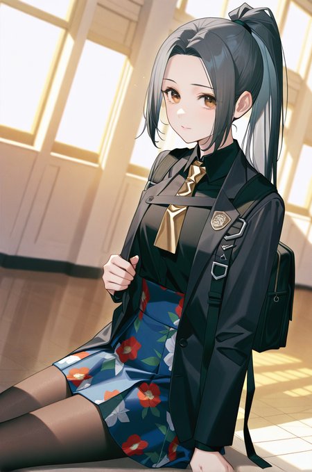 artist:gomzi,artist:wanke,artist:diyokama, rei_(sanbonzakura),[[artist:fuzichoco]],year 2023, 
school hall, solo, 
female protagonist \(caligula 2\), brown eyes, grey hair, forehead, high ponytail,
black shirt, yellow necktie, square-end necktie, black blazer, medal, black bag, backpack,
high-waist skirt, print skirt, blue skirt, floral print, black pantyhose, <lora:tce2_majorcharacters.ilxl:0.8>