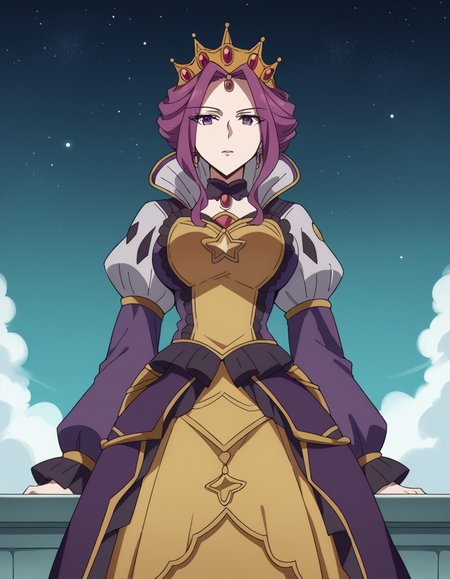 score_9, score_8_up, score_7_up, source_anime, <lora:mirelia-q-melromarc-s1s2s3-ponyxl-lora-nochekaiser:1>, mirelia q melromarc, purple hair, purple eyes, large breasts,, long sleeves, dress, jewelry, frills, puffy sleeves, wide sleeves, crown, purple dress,, planetarium, stars, sky, seats, dome, , from below, looking at viewer, solo,, dutch angle, cowboy shot