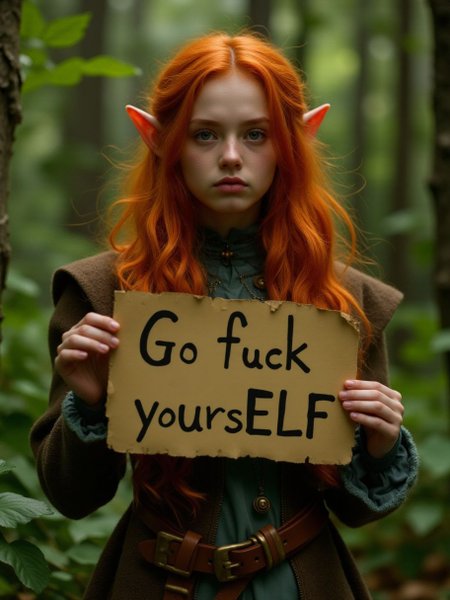 A portrait of a elf holding a sign, with "Go fuck yoursELF" written on it, in the forest, long red hair, elf ears, bit grumpy,  <lora:Copax_Realistic_Dreamlight_fp8:0.8>