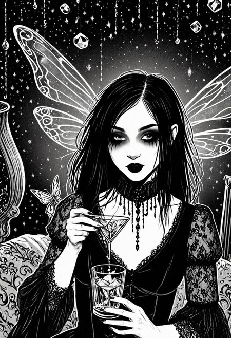 gothic, digital illustration, flat colors, line art, black and white, pretty 18 year old goth girl holding crystal glass of Absinth, small luminous fairies fly above her, intoxicated, sexy, creative angle,