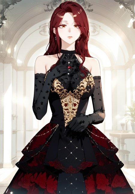zPDXL3, score_9_up, score_8_up, score_7_up, (Anime_source),Masterpiece,(perfect female body:1.2), small waist, (incredibly detailed:1.4), slim, beautiful fingers, beautiful white skin, Beautiful clear skin, (large breasts:1.3)looking at viewer, <lora:Edith_Rudwick_-_I_Thought_its_a_Common_Possession-Kaleid_PONY:1> edithrudwick, 1girl, long hair, brown eyes, red hair,black dress, elbow gloves, bare shoulders, black gloves, dress, standing, (facing viewer:1.5)