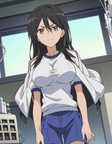 score_9, score_8_up, score_7_up, source_anime, <lora:seiri-fukiyose-indexs2-ponyxl-lora-nochekaiser:1>, seiri fukiyose, long hair, black hair, brown eyes, hair between eyes, anime screencap,, large breasts, shirt, jacket, shorts, gym uniform, blue shorts, track jacket, jacket on shoulders, gym shorts, factory, machines, workers, assembly, production, smile, hands on own knees, looking at viewer, solo,, dutch angle, cowboy shot
