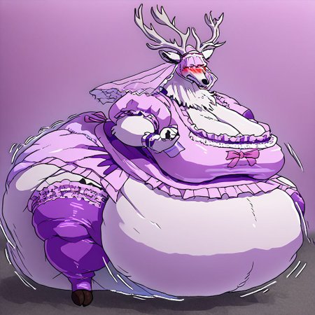 bbvicamelia, antlers, big antlers, veil, frilly veil, immobile, fat, chubby, plump, obese, large breasts, big butt, fat cheeks, wearing dr3ss, satin maid outfit, short poofy voluminous skirt, frills, apron, thighhighs, takeda hiromitsu style, diaper, big diaper, purple diaper, huge diaper, massive diaper, blue diaper, pink diaper, blush, waddle