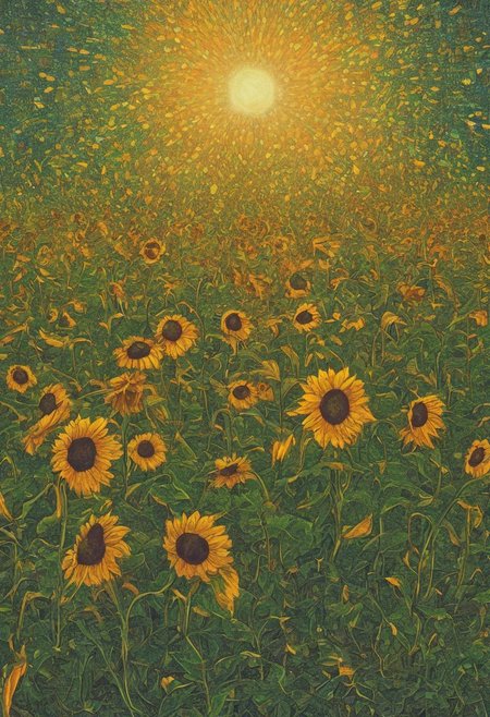 An abstract painting of a glowing sunflower field, with each flower wearing glowing sunglasses and smiling. zavy-flrscnc, fluorescent, fluorescent dust, fluorescent spraypaint, glowing dust, sss translucent subsurface scattering
glow, glowing
(masterpiece, award winning artwork)
many details, extreme detailed, full of details,
<lora:zavy-flrscnc-sdxl:0.75> 
 <lora:sss:0.8> sss translucent subsurface scattering