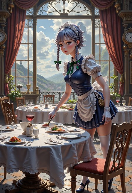 A masterpiece, ultrarealistic, natural colours of evening light, photorealistic scene, luxurious intricate interior of a dining room, rich in detail, dining table covered white table cloth, empty chairs after the eaters have left, dirty dishes, serving dishes with leftover food, a clock, 
flat chested supermodel as Izayoi Sakuya is casually collecting dishes after a meal with professional efficiency without paying attention to the viewer, slender, flat chest, short silver hair, twin braids, green bows, blue maid uniform, knee-length dress, maid headdress, detached collar, green bowtie, puffy sleeves, white wrist cuffs, white apron, pocket watch, thighhighs, 
<lora:Hand v2:1> Detailed hand, Hand, Perfect hand, 
<lora:best_of_flux_v30_rank64_bf16-step01750:1> best_of,