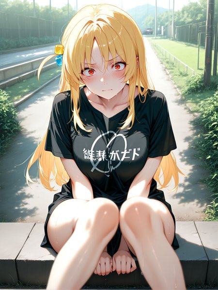masterpiece, best quality, absurdres, amazing quality <lora:cfg_scale_boost:0.3> <lora:StS-Illustrious-Detail-Slider-v1.0:3> <lora:StS_Age_Slider_Illustrious_v1:3>,detailed_background,outdoors,shirt,deko morii,sitting,absurdres,red eyes,bocchi the rock!,angry,blonde hair,blush,highres,black shirt,1girl,ahoge,looking at viewer,solo,ijichi seika