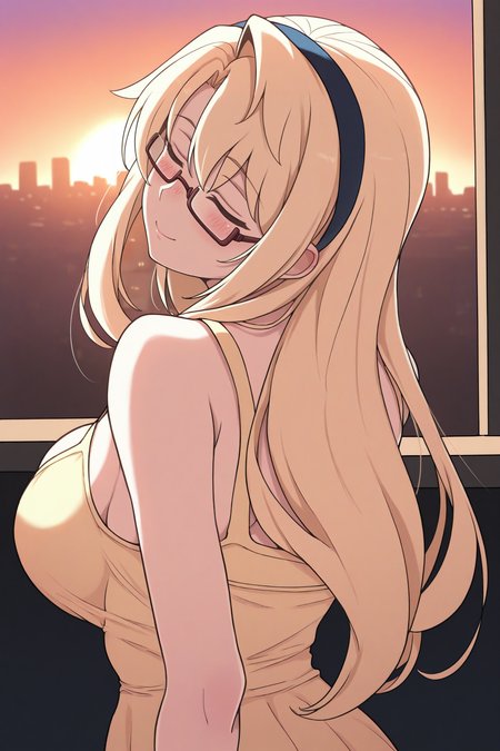 masterpiece, best quality, 1girl, solo, <lora:satellizer-illu-nvwls-v1-000006:1> satlzr, blonde hair, long hair, hairband, big breasts, under-rim eyewear, glasses, yellow sundress, from behind, looking back, looking at viewer, closed eyes, blush, smile, sunset, cityscape