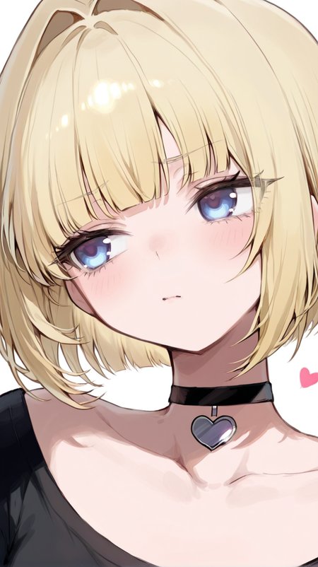 1girl, solo, looking_at_viewer, blush, short_hair, bangs, blue_eyes, blonde_hair, simple_background, shirt, white_background, closed_mouth, purple_eyes, collarbone, upper_body, heart, choker, blunt_bangs, black_shirt, black_choker, hair_intakes, bob_cut, portrait, heart_choker