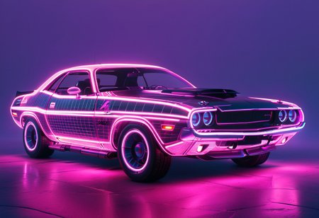 ((masterpiece)), 8k, dodge challenger car, cyberpunk city, neon signs, at sunrise, best quality, 1980,  magenta neon, grid, vaporwave, (intrincated details:1.2), (photorealistic), (masterpiece), (photography), cinematic lighting, mad-vprwv, ground vehicle, cyberpunk car, widebody, drone car, retrowave atmosphere, <lora:Drone_Cars_XL:1>