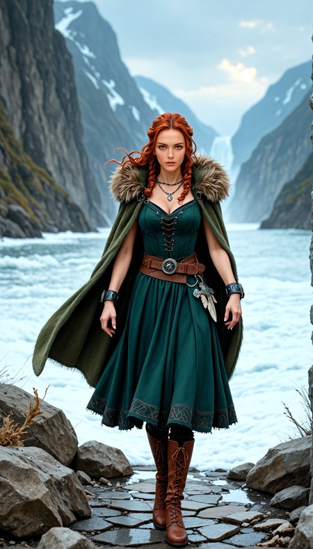 (photo realism, pr3tty_h4lluc1nat10ns),  <lora:NordicByNatureILL:0.8> nordicbynature,  Anna_Keye, (dynamic action pose:1.2), cleavage, (red hair, mist-laced cliff, auroras, rune stone), Clad in a long, deep-green woolen dress embroidered with knotwork at the cuffs and hem, braided hair wrapped in leather cord, cinched at the waist by a woven leather belt hung with rune-etched bronze discs, a fur cloak draped over her shoulders, standing near a glowing rune stone and a stone circle as snow swirls across the fjord behind her, soft leather boots, bone jewelry at her neck, and the winter light illuminating her watchful gaze as ravens circle above.