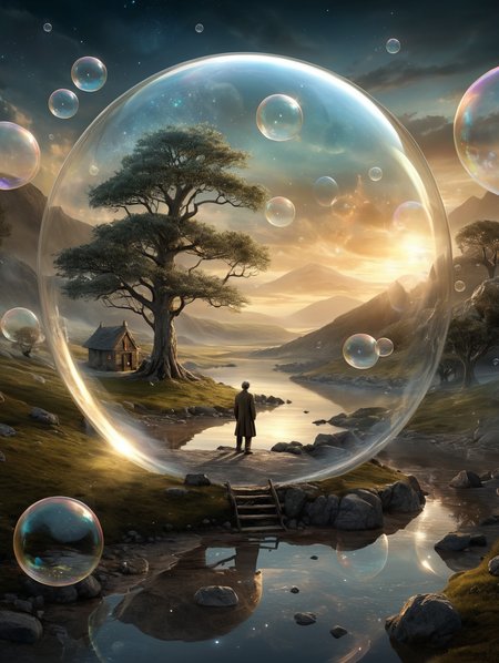 digital art in the style of epic Surreal, abstract, bizarre, A quiet and peaceful scene surrounded by a glittering bubble that makes time stand still, 32k uhd, focus eyes, fearsome appearance, masterpiece, high resolution, HD, 8k, best quality, intricate details, <lora:add-detail-xl:1.8>