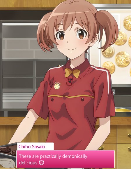 score_9, score_8_up, score_7_up, source_anime, anime screencap, baking valentines cookies, looking at viewer, blush, smile, gloves, holding, frills, food, indoors, apron, chocolate, cookie, oven mitts,, Chiho Sasaki, Short brown hair, Large brown eyes, Fair skin, Youthful appearance, Shoulder-length hair, Usually wears school uniform, Slim build, Modest clothing style, Chiho, short hair, brown hair, short twintails, brown eyes, employee uniform, skirt,