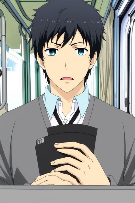 high resolution, solo, best quality, 1Boy, Arata Kaizaki, Portrait, Black Hair, Blue Eyes, train, inside train, OverallDetail