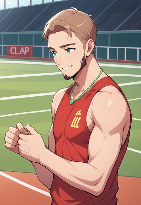 safe_pos, score_9, score_8_up, score_7_up, source_anime, side view, BREAK, ( soccer_player, green eyes, light brown hair, correct hair, best eyes, beard, smiling, looking to the side, clapping, upper body, red sleeveless top, green necklace, ) 1boy, male focus, solo, BREAK, athletics track, trash paper, scoreboard, athletics stadium,