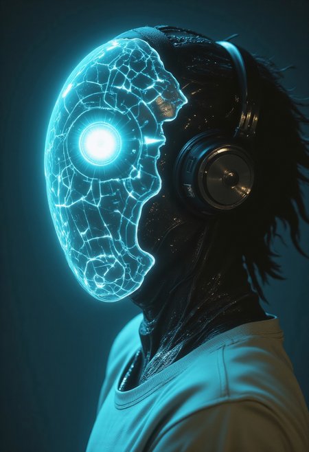 A hyper-realistic, unsettling close-up portrait fusing two enigmatic figures into a single, otherworldly being. The spectral, all-knowing cyborg emerges with a smooth, glowing surface of advanced technology, its face featureless yet alive with intricate digital patterns. Electric blue lines pulse across its surface, shifting and morphing like a living neural network, suggesting an existence within a vast interconnected web. Hollow eyes radiate an eerie, ethereal quality, as if seeing beyond the physical realm, and glowing circuits blend seamlessly into its surroundings, a deep gradient from white to pale blue filled with subtle digital glitches hinting at higher intelligence.

From the shadows of this cybernetic form, the rugged presence of a slightly muscular man emerges as a faint duality. His unkempt hair falls like strands of static across the glowing face, revealing one piercing eye that gleams with intensity. A sly, mischievous grin hints at a dangerous charisma, contrasting with the pastel-colored T-shirt and oversized vintage black headphones resting heavily against the figure’s sleek, technological frame. The pale monitor glow casts an eerie light over both organic and digital textures, blending the rugged and the spectral into a single captivating, otherworldly presence. The result is an unnerving harmony of man and machine, a haunting observer that feels alive yet unreachably distant.