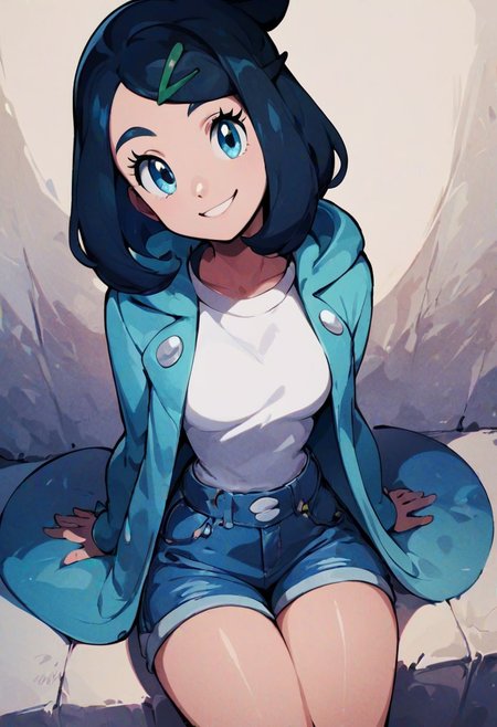 score_9, score_8_up, score_8, medium breasts, 
(curvy), cute, eyelashes, 
liko \(pokemon\),
blue hair, hair clip, white shirt, hooded jacket, open jacket, denim shorts, smile, looking at viewer, sitting, head tilt, from above,