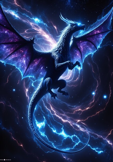 A majestic, otherworldly dragon soars through a starry, nebula-filled sky, its body made of shimmering, ethereal energy that shifts between hues of deep blue and vibrant purple. Its wings are vast, glowing with cosmic light as they stretch across the heavens. The dragon's scales are like cracked glass, refracting starlight in all directions, while its long, flowing tail leaves a trail of sparkling dust in its wake. Its eyes are glowing orbs of pure white, reflecting the expanse of space, filled with ancient wisdom. Below, a swirling vortex of galaxies and celestial clouds forms the backdrop, adding to the dragon’s otherworldly presence. It moves effortlessly through the cosmos, its powerful form commanding the stars.
































