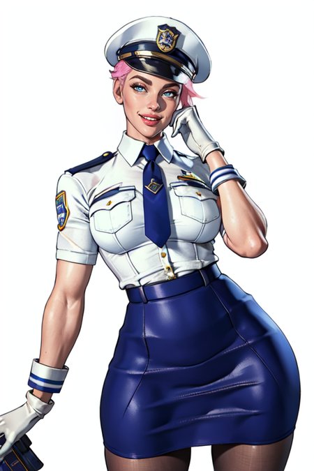 masterpiece,best quality,extreme detail,8k,<lora:Manon:0.8>,manon2,1girl,solo,breasts,looking at viewer,smile,short hair,blue eyes,skirt,shirt,gloves,hat,standing,pink hair,pantyhose,necktie,white gloves,uniform,lips,blue skirt,makeup,lipstick,pencil skirt,blue necktie,badge,police,police uniform,policewoman,police hat,white background,