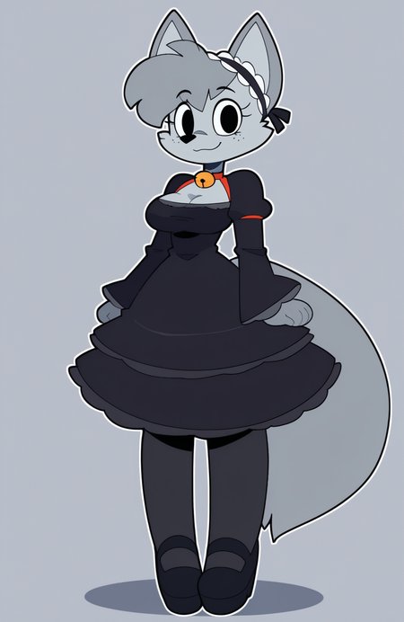 1girl, toon \(style\), flat color,
<lora:Chloe:0.9> chl0e, freckles, black eyes, grey fur, furry, snout, wolf ears, wolf tail, looking at viewer, big eyes, expressive eyes,
70s retro dress, bell sleeves, layered skirt, pantyhose, platform shoes, floral headband paws, digitigrade, 
standing, head tilted, soft smile, soft reflective gaze, lingering melancholy,
 <lora:BacunNG:0.9> bacun, extremely detailed, highres, masterpiece, best quality