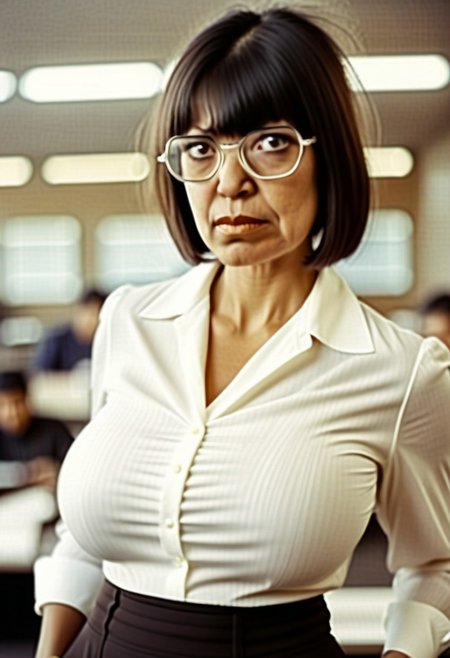 40 year old woman wearing tight black bellbottom trousers, dark brown bowl-cut, thick glasses, big nose, huge eyes, stroppy looking, white blouse, big tits straining blouse to bursting point,
big thighs, big hips, office, close-up 
<lora:Belle:0.7>