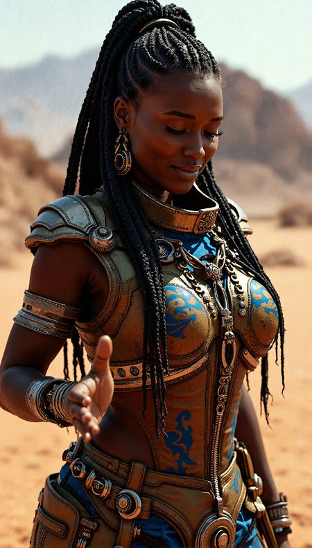 Photorealistic depiction of a beautiful, curvaceous and muscular dark-skinned female Tech-Nomad in a Post-Apocalyptic Desert, 

Aesthetics improvement includes subtle weathering effects on her outfit, such as scratches, dirt, and wear marks, to suggest extensive use and rough conditions.Utilize realistic lighting that reflects off the metallic parts of her outfit, casting dynamic shadows on her and the surrounding environment. Enhance the textures of her outfit to differentiate between fabric, metal, and synthetic materials, giving a tactile sense of realism.layered tribal patterns with blue and gold accents on her high-collared shirt, complementing her intricate braids and the fractal background.

raising one hand lightly to her lips, fingers gently touching, half-closed eyes, head tilted slightly down, with a soft smile.
