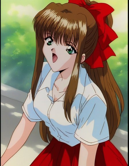 score_9, score_8_up, score_7_up, source_anime, rating_explicit, BREAK  <lora:Imouto_SG_XL:1> Imouto_SG, brown hair, long hair, hair bow, green eyes, red bow, bangs, medium breasts,
 skirt, red skirt, bow, shirt, open mouth