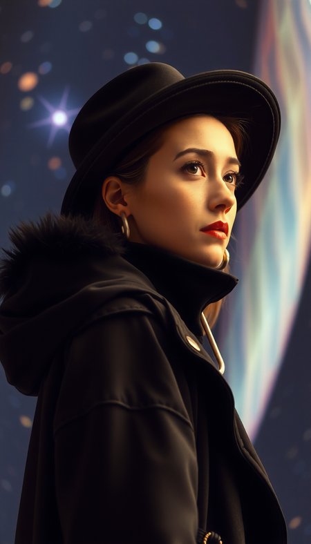 positiv Clip L:
positiv Clip G:
a photography of a woman in a black hat and a black jacket and a black jacket and a black hat, raw photo, (realistic:1.5), (half-length portrait:1.0), (29-years-old:1.5), (professional photo, balanced photo, balanced exposure:1.2), (film grain:1.15),    A fortress floating within the Astral Plane, where celestial beings and starry entities reside, guarding the secrets of the cosmos and the paths to other dimensions.