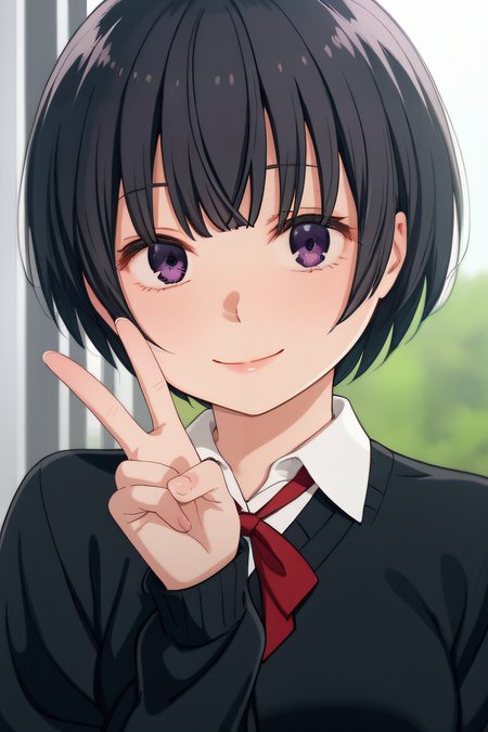 score_9, score_8_up, score_7_up, source_anime, rating_safe, intricate details, anime screencap, official style, 1girl, solo, <lora:Yukiko:1>, yukiko, black hair, short hair, purple eyes, school uniform, black sweater, collared shirt, red ribbon, looking at viewer, smile, indoor, upper body, hand up, peace sign