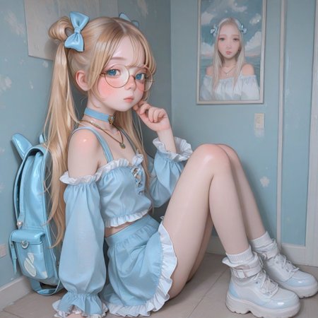 high detailed, high quality, masterpiece, best quality, very awa, absurdres, detailed eyes, detailed face, detailed skin, anime, cinematic light, colorful, portrait BREAK, 1girl, KPB-Illu, solo, cute, big round glasses, pretty, petite, blue eyes, blonde hair, hair over eye, choker, freckles, half closed eyes, blush, looking at viewer, bare shoulders, collarbone, frilled sleeves, necklace,, hair bow, long legs, from side, cute clothes, twintails, blonde hair, frills, backpack, looking at viewer,  (marcille_donato:0.7), possmach, artist:henreader, artist:ciloranko, (artist:sho \\(sho lwlw\\):0.75), (tianliang duohe fangdongye:0.7),full body view