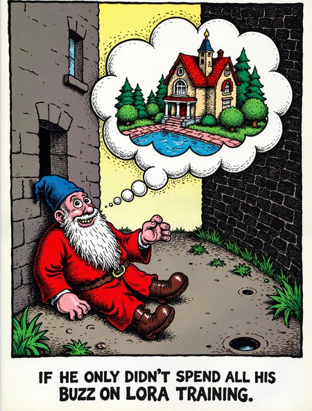 vintage letterpress cartoon depicting Wizard Whitebeard lying in a dirty allyway, a dream bubble with a luxurious mansion with a swimming pool inside it. Text in the bottom reads "If he only didn't spend all his buzz on LoRA training"