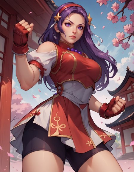 score_9, score_8_up, score_7_up,score_6_up, score_5_up, score_4_up ,1girl, solo,
large breasts,
athenaasamidg,
long hair, hair ornament, purple eyes, purple hair, 
short sleeves, puffy sleeves, fingerless gloves, dress, bike shorts, star hair ornament, red hairband,
fighting stance,
from below,
magic, 
looking at viewer, 
east asian architecture, petals, cherry blossoms, clenched hands, 
 <lora:AthenaAsamiDG PonyXL v01-000003:0.90>