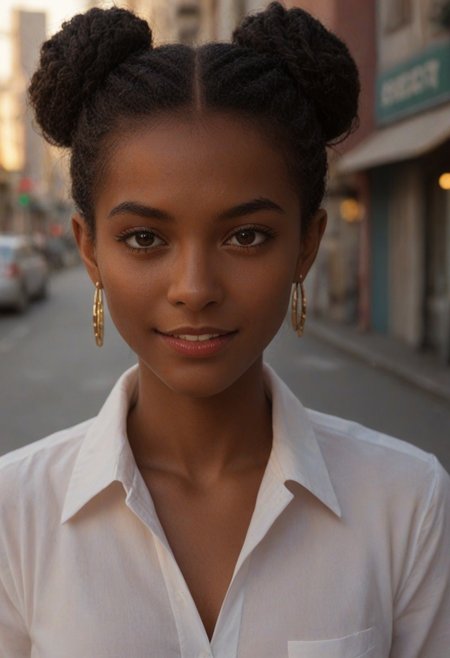 score_9, score_8_up, score_7_up, score_6_up, 
1girl, 25 years old, perfect face, (adult), sexy, make up, red lips, 
dark eyes, 
black hair, buns, jewelry, earrings, 
African female, European face features, 
white shirt, collared shirt, 
blush, shy smile, portrait, face focus, depth of field,
looking at viewer, 
city, street,