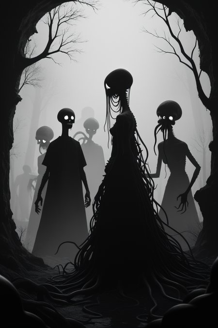 score_9, score_8_up, score_7_up, score_6_up, score_5_up, score_4_up, <lora:GRIM_v1:1>  greyscale, monochrome, limited palette, horror (theme), eldritch abomination, chaotic, silhouette,, <lora:123182P:0.8> 123182P, woman, 24 years old, <lora:Breast Slider - Pony_alpha1.0_rank4_noxattn_last:0.5>