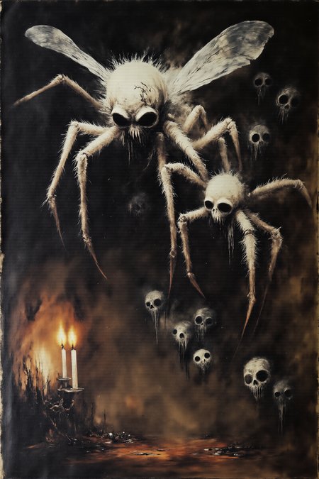thepaintedrealm. An oil painting of a moth-like humanoid, its delicate, fur-covered fingers clutching a cracked, porcelain mask, hiding the grotesque proboscis that twitches beneath. Layers of soft, feathery fur are painted in thick, expressive strokes, contrasting with the dark, slick resin that drips from its elongated limbs. Its enormous, tattered wings, stretched behind it, are covered in countless unblinking eyes, each painted with haunting precision, their irises swirling as if alive. Dim candlelight flickers across the scene, casting distorted shadows that seem to move independently, twisting and shifting with each flick of the brush. The creatureâs head tilts slightly, its hidden gaze locked onto the viewer, as if waitingâexpectingâsomething unspeakable to unfold.
Dark Art