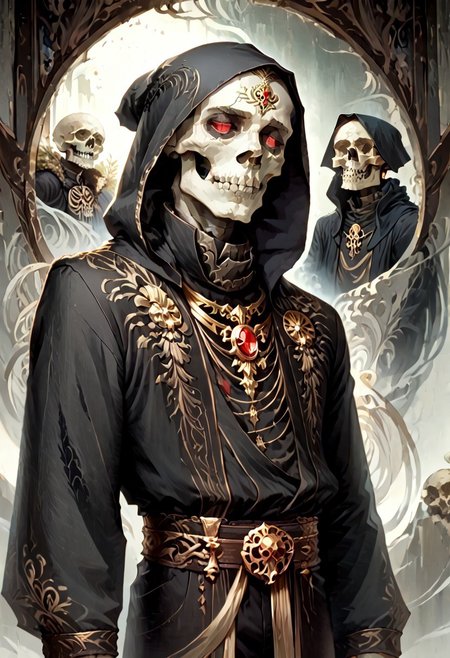 8k, score_9, score_8_up, score_7_up, Art Noveau, masterpiece, 1man (skeleton), (skull face), empty eye sockets, glowing red eyes, grey skin,
intricate black robe, intricate gold sash, black pants, black hood, gold trim, black capelet, high collar, no ears, long sleeves, long intricate gloves, emerald amulet. bracers,