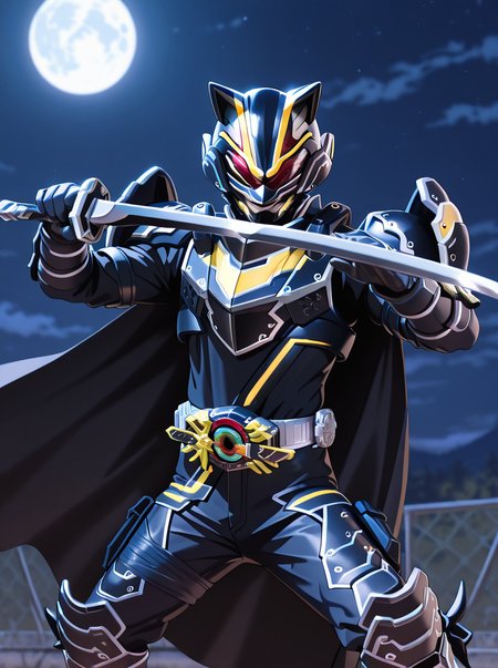 masterpiece, best quality, amazing quality, very aesthetic, absurdres, newest,shiny skin,  anime coloring, anime screenshot, <lora:BujinTycoon:1>bujintycoon, male focus, solo, armor, weapon, sword, holding, belt, cape, holding weapon, tokusatsu, helmet, rider belt, red eyes, holding sword night full moon,  fighting stance,