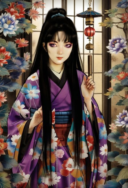 masterpiece,best quality,concept art, (portrait art by Hashiguchi Goyo:0.8) and (Tsuchiya Koitsu:1.3) , detailed art, concept art, Varied (a girl (Tomie Kawakami) with black long hair,hime cut,purple eyes,in a bizzare pavilion with strange plants,wind chime,censer,wall of psychedelic pattern:1.3) , dressed in winter magnificent colorful kimono, Winter, Wide view, Vivid, Spiritual, specular lighting, happy, smile face, right hand up to say hello, 800mm lens, feminine, Surrealism Art,<lora:huyaXLlokr3f:1>, radiant, highly detail, exquisite color, ambient