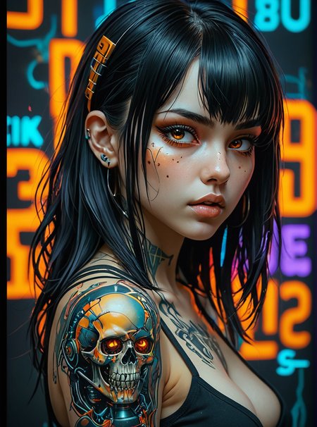 manga style, hyper-detailed full-length portrait of a girl, profile, overhead angle, low head, cyberpunk, (Mindful Machine Art style, Anna Dittmann, Katsuya Terada), tattoos, skull tattooed on the shoulder, hyper-detailed perfect orange eyes, perverse look , bright colors, very high contrast, side lighting, straight black hair half length, straight bangs, hair covers half the face, background with neon graffiti, hyper realistic, 3D rendering, 4K
