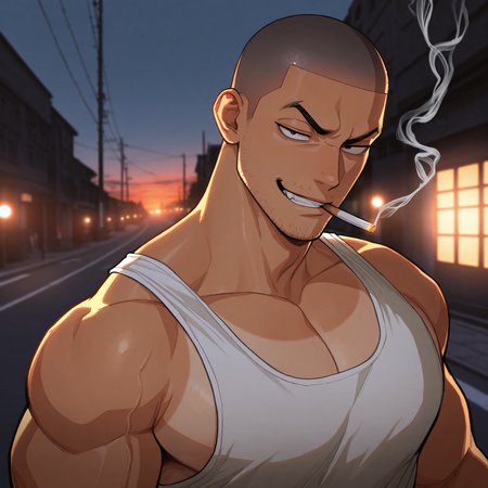 masterpiece, best quality, absurdres, newest, perfect quality, best quality, absolutely eye-catching, detailed background, intricate details, male, bara, delinquent, thug, street, sunset, white singlet, stubble, tan skin, buzzcut, upper body, looking at viewer, rim lighting, dim lighting, smirk, smoking, 