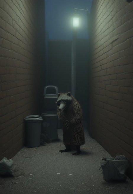 nbcstyle, horror theme, 1boy, solo, raccoon, trash can, alley, night, dark, scary, garbage, outdoors